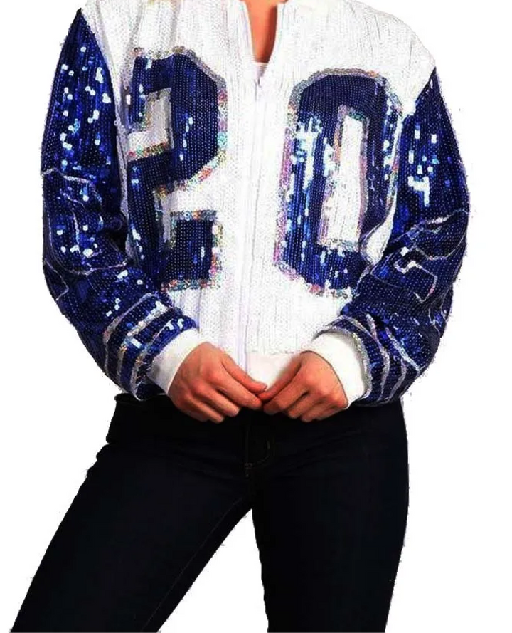 Woman wearing sequined blue and white sorority jacket with number 20, perfect for black Greek lettered organization and Zeta Phi Beta apparel.