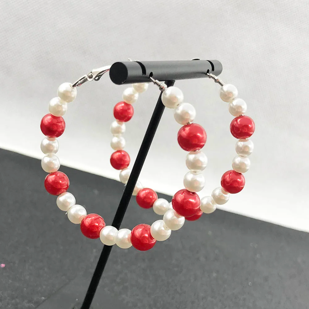 Red and White Pearl Hoop Earrings