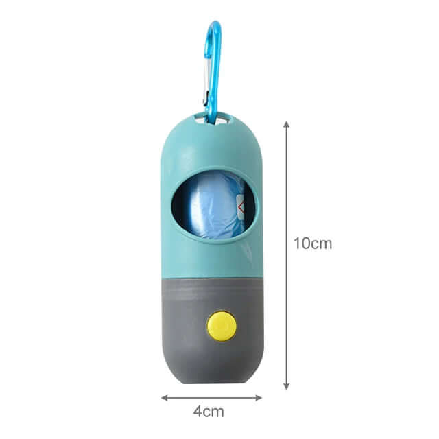 LED Light Pet Waste Bag Dispenser in teal with clip, perfect for sorority and fraternity pet paraphernalia.