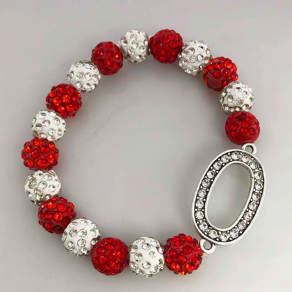 Delta Sigma Theta inspired rhinestone bracelet in crimson and cream, perfect sorority paraphernalia and accessory for black Greek lettered organizations.