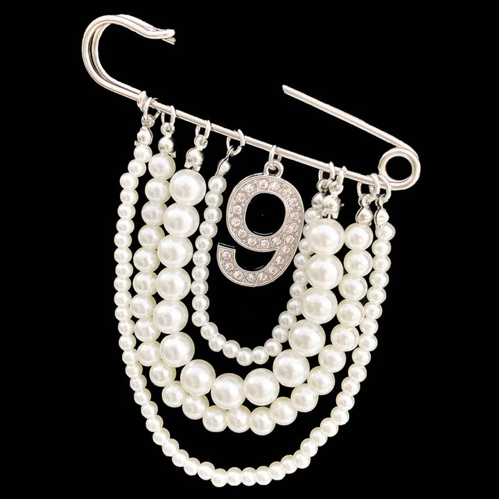 Pearl and Rhinestone Number Brooche