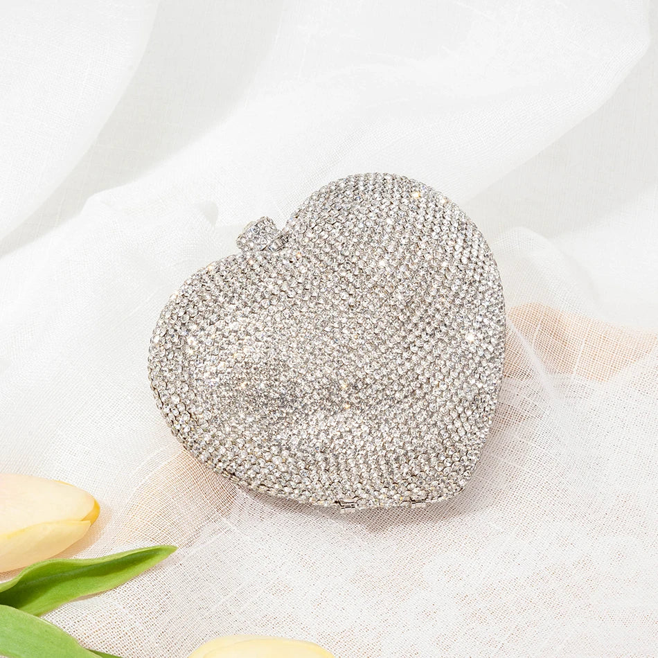 Red or Silver Heart Shaped Crystal Evening Clutch Bag