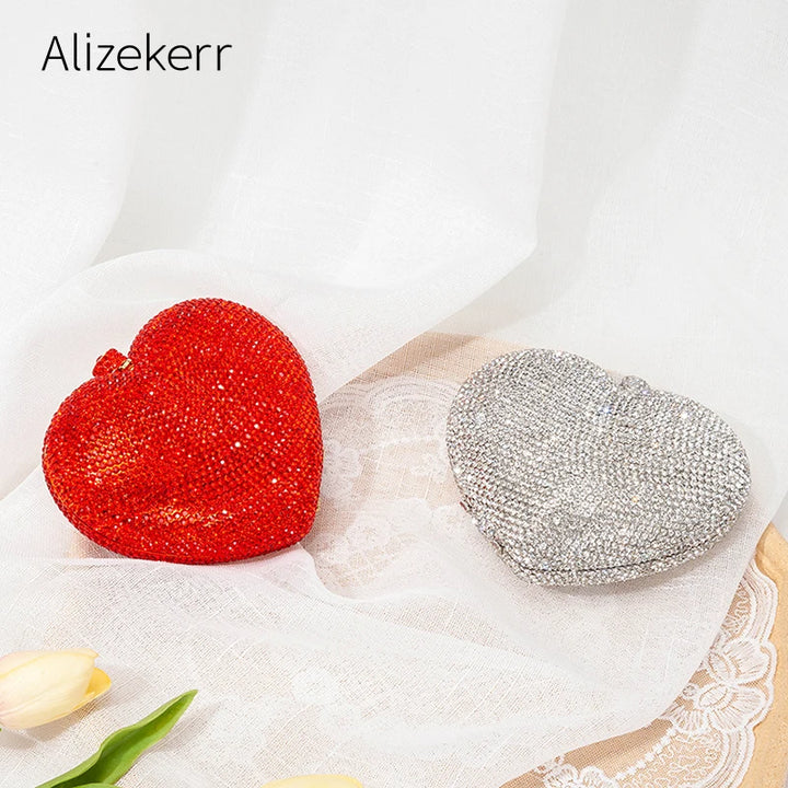 Red or Silver Heart Shaped Crystal Evening Clutch Bag