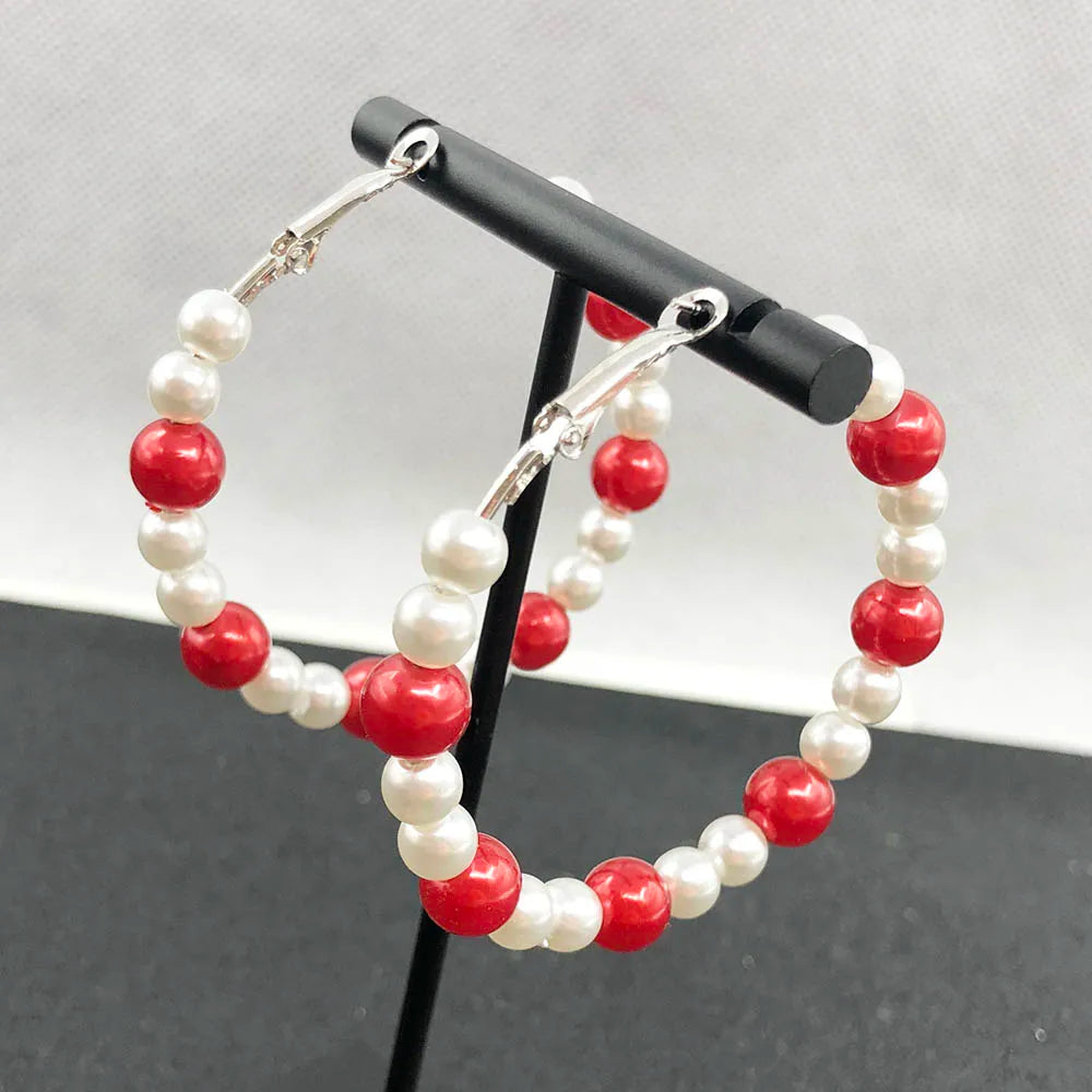 Red and White Pearl Hoop Earrings