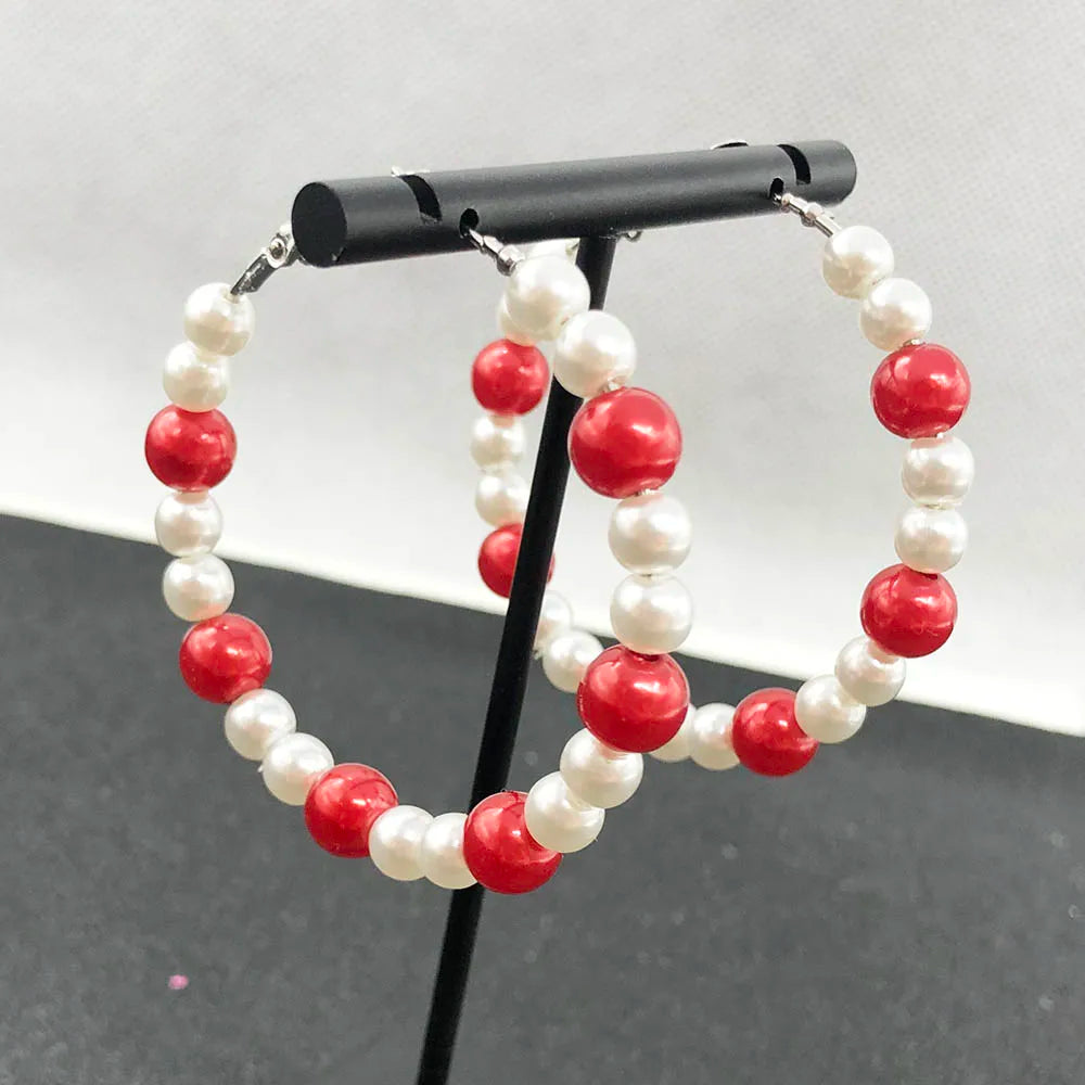 Red and White Pearl Hoop Earrings