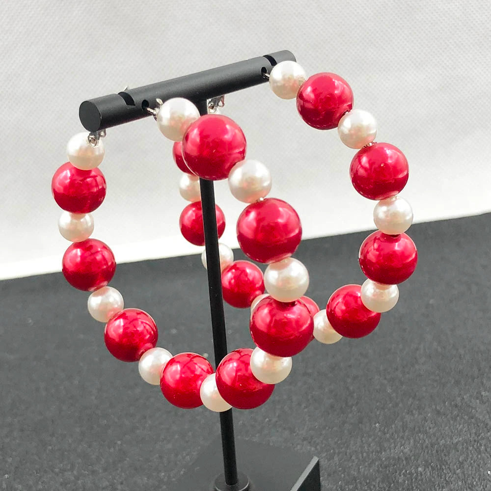 Red and White Pearl Hoop Earrings