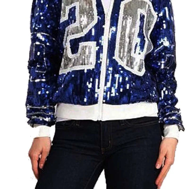 Woman wearing Zeta Phi Beta 20 sequin jacket in royal blue and white, perfect for black sorority apparel and Greek organization paraphernalia.