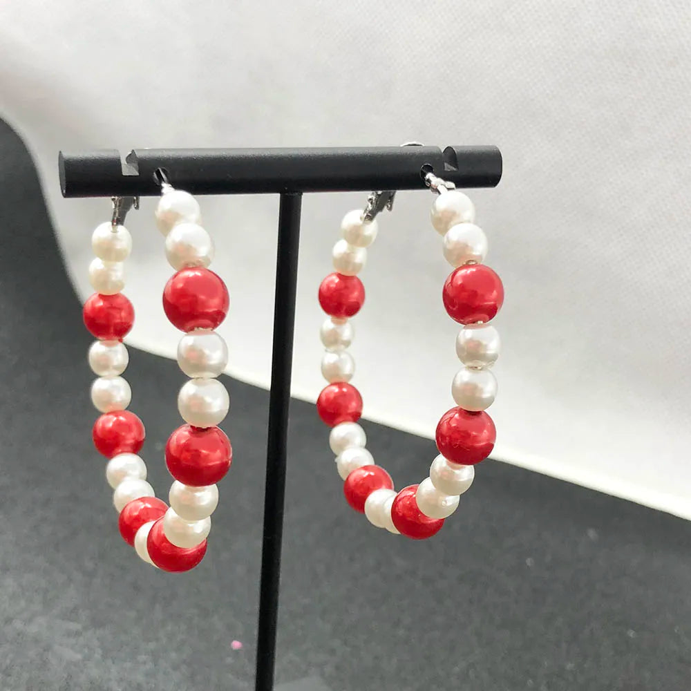 Red and White Pearl Hoop Earrings