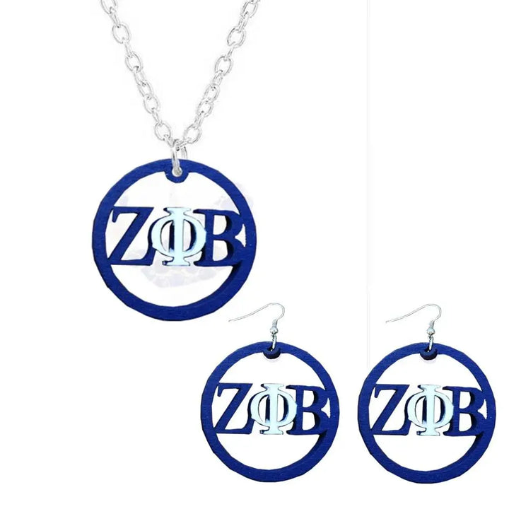 Zeta Phi Beta Carved Wood and Metal Jewelry Set