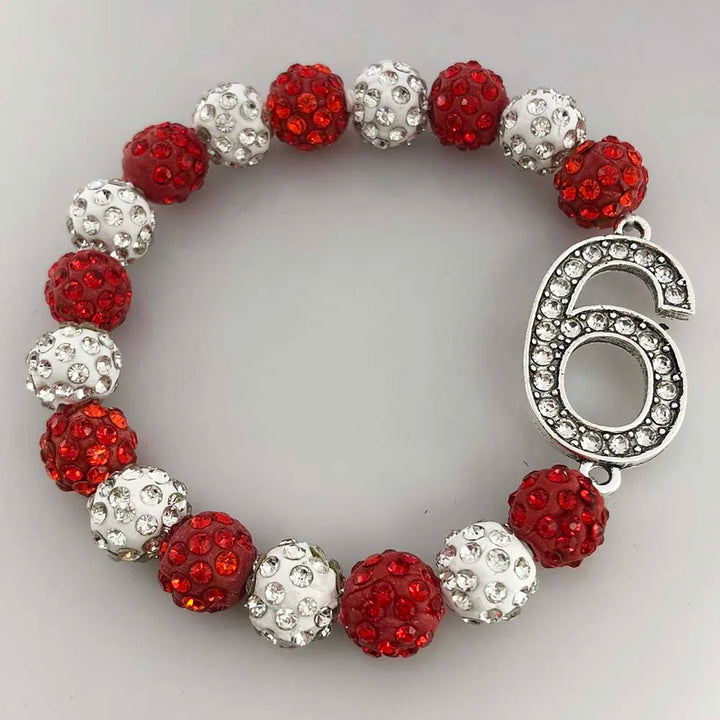 Delta Sigma Theta red and white rhinestone bracelet with number 6 for black sorority apparel and accessories.