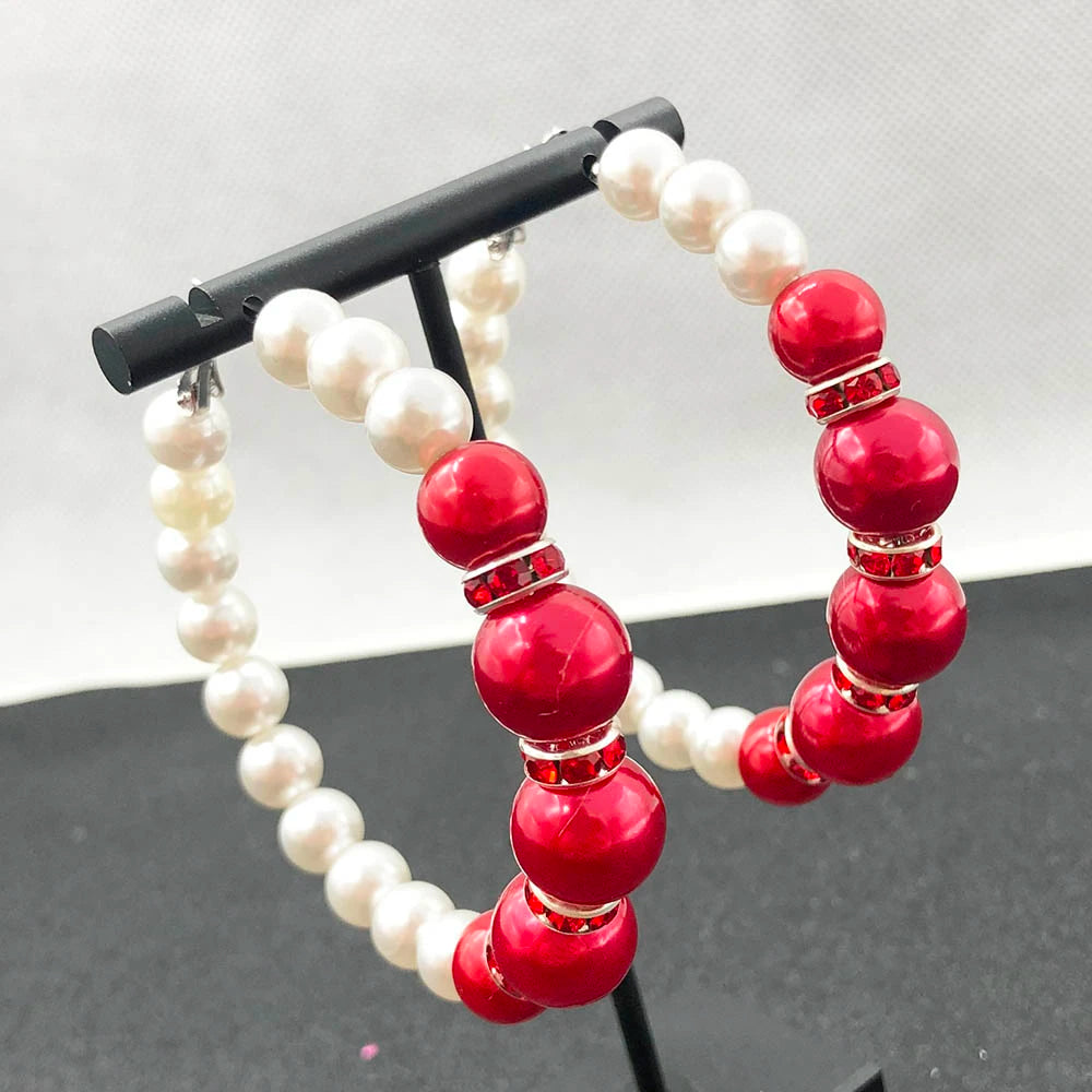 Red and White Pearl Hoop Earrings