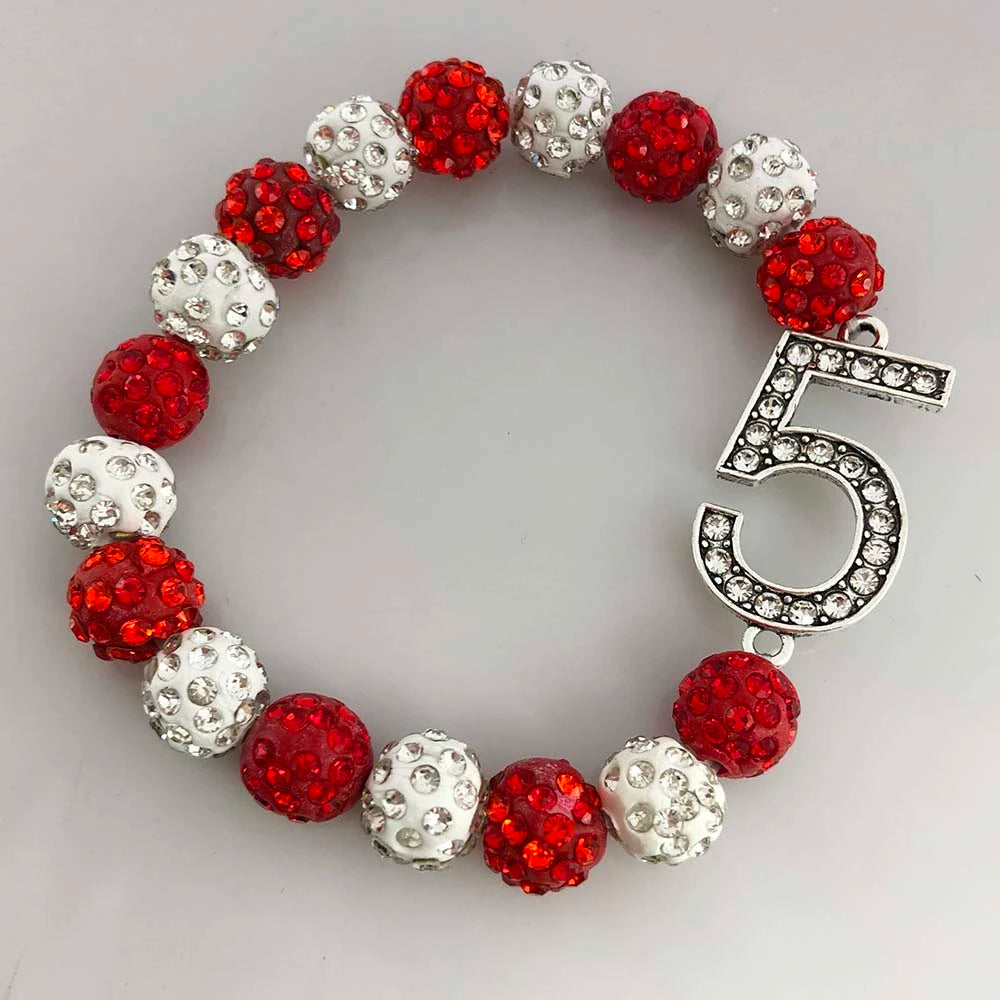 Delta Sigma Theta Number 5 Rhinestone Bracelet in crimson and cream, perfect sorority paraphernalia for DST members and supporters