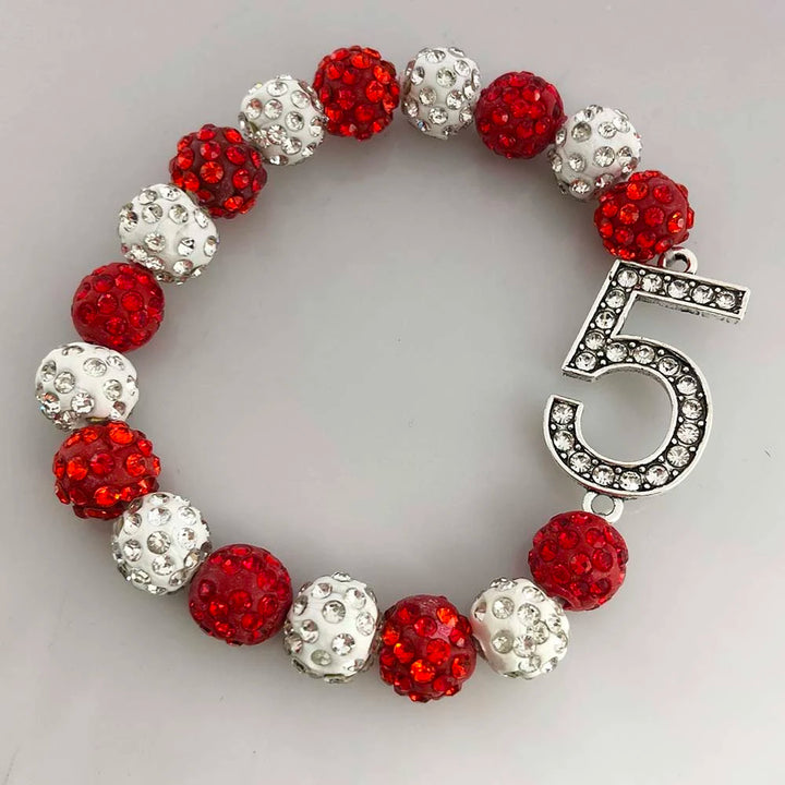 Delta Sigma Theta Number 5 Rhinestone Bracelet in crimson and cream, perfect sorority paraphernalia for DST members and supporters