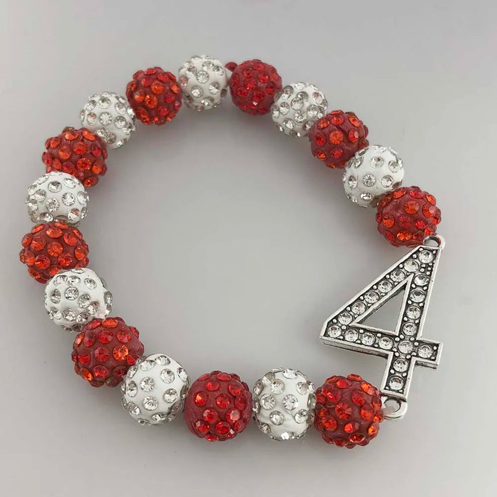 Delta Sigma Theta-inspired rhinestone bracelet with crimson and cream beads and the number 4, perfect sorority paraphernalia and accessories.