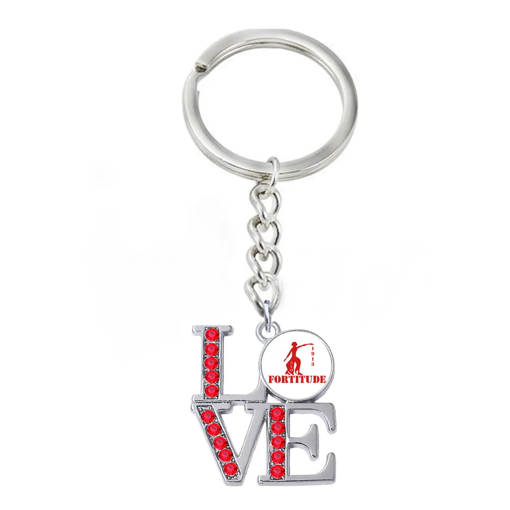 Delta Sigma Theta Fortitude keychain with LOVE design, perfect sorority accessory in crimson and cream for black greek lettered organization members