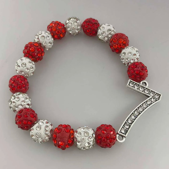 Delta Sigma Theta number seven rhinestone bracelet in crimson and cream, perfect sorority paraphernalia for black greek lettered organizations.