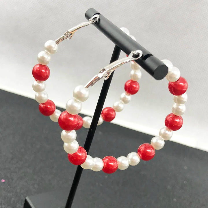 Red and White Pearl Hoop Earrings