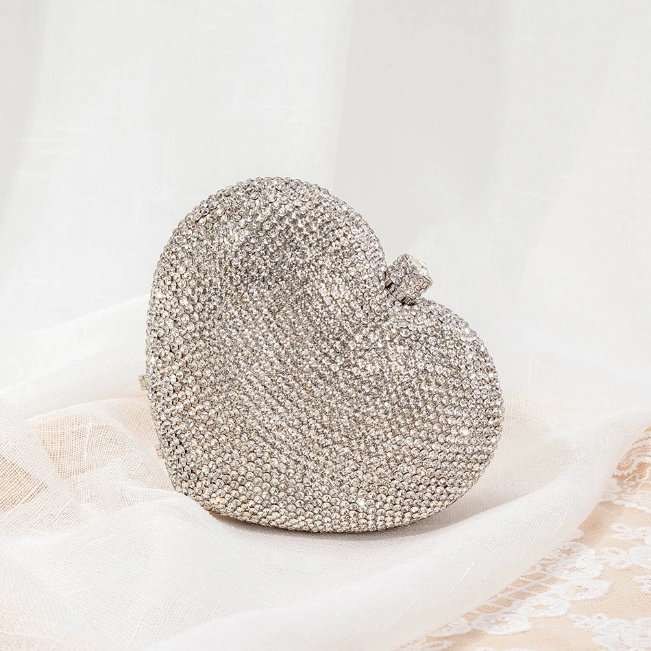 Red or Silver Heart Shaped Crystal Evening Clutch Bag