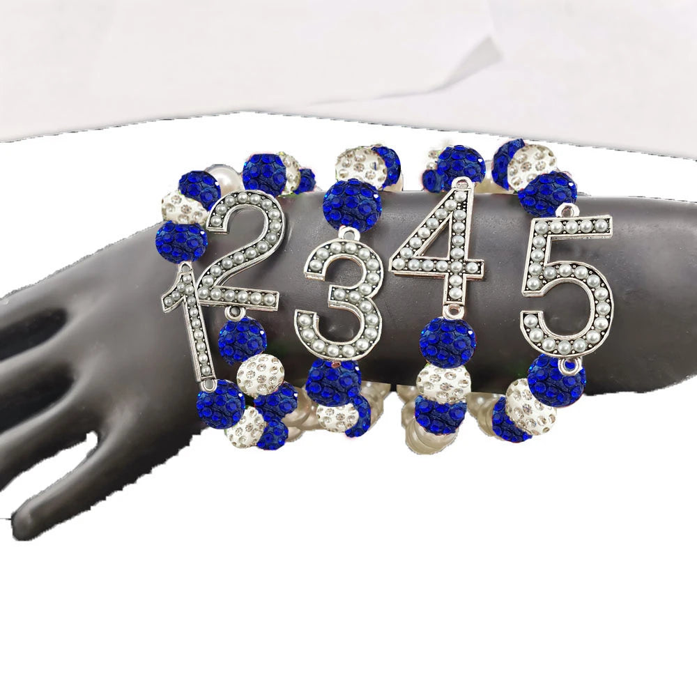 ZPhiB blue and white beaded number bracelet 12345 displayed on a black mannequin hand.