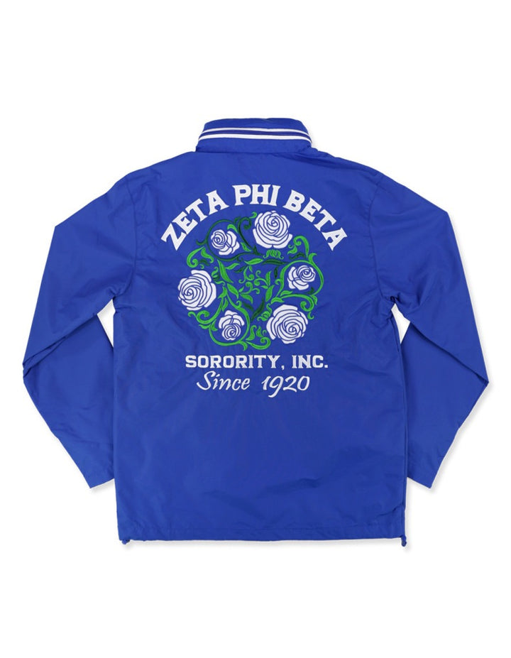 Zeta Windbreaker Jacket in blue with embroidered sorority design and roses, perfect for Greek gear and fraternity paraphernalia.