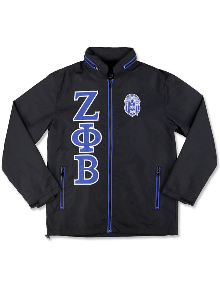 Zeta Windbreaker Jacket in black showcasing embroidered sorority symbols, ideal for Greek gear and outdoor activities.