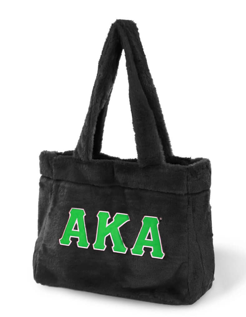 Stylish AKA fur tote bag in black, perfect for sorority and fraternity paraphernalia, 100% polyester, hand wash only.