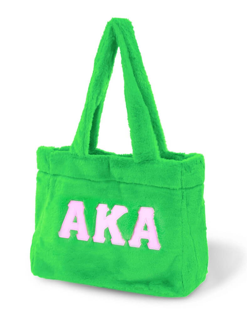 AKA fur tote bag in vibrant green, perfect for sorority and fraternity Greek gear, stylish and cute for winter.