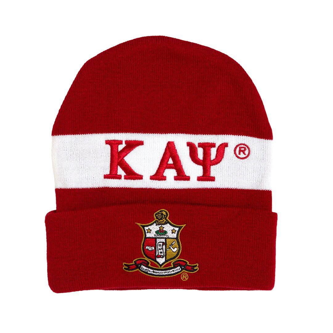 Kappa Alpha Psi embroidered beanie in red, a perfect fraternity paraphernalia and Greek gear accessory for members.