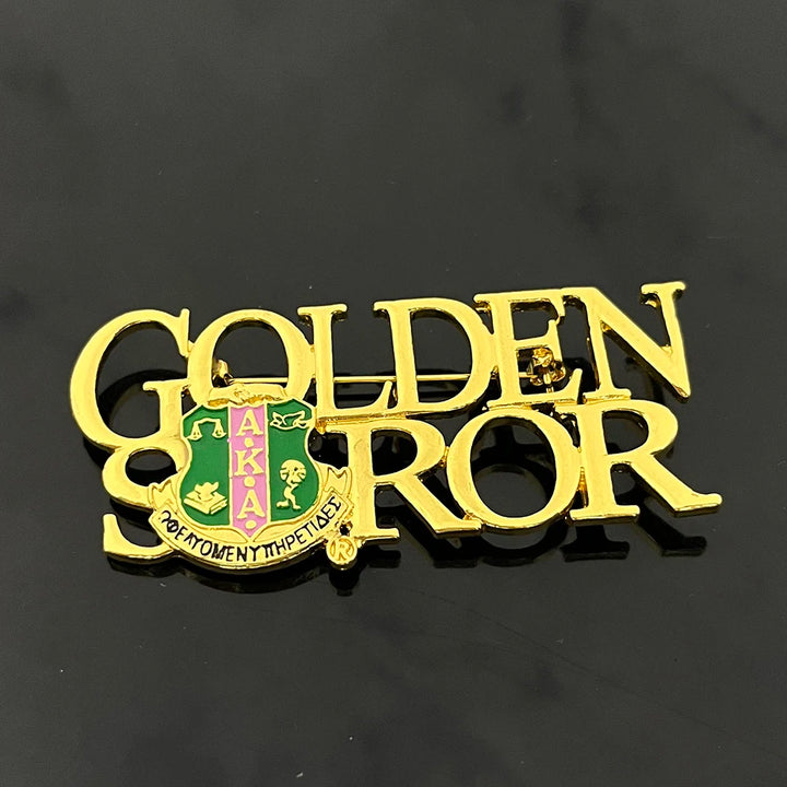 Golden Soror brooch for Alpha Kappa Alpha sorority with crest, perfect for celebrating years of service in sorority paraphernalia, aka, skeewee.