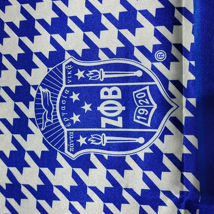 Zeta Phi Beta scarf featuring blue and white houndstooth pattern, perfect for sorority and Greek gear enthusiasts.