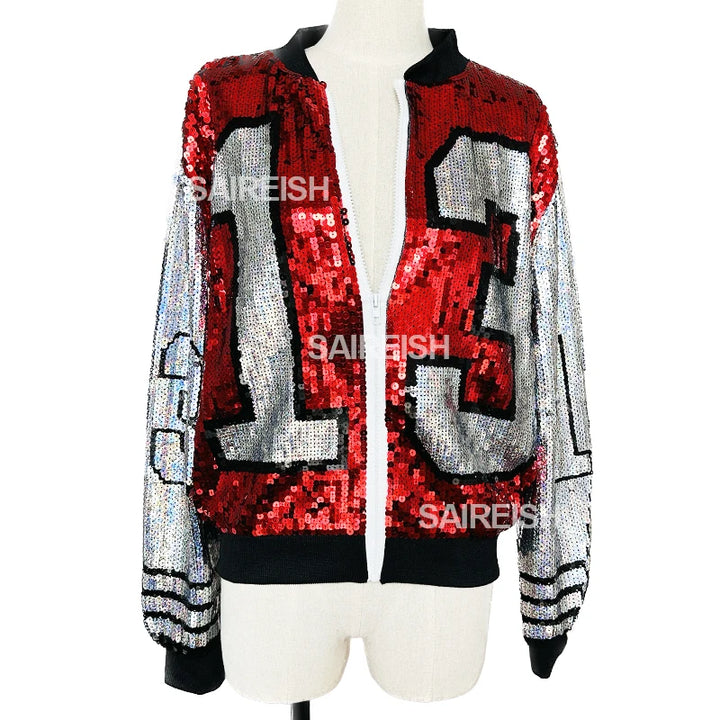 Delta Sequin 13 Crop Jacket for sorority apparel in red, silver, and black, perfect for black greek lettered organizations and fall fashion.