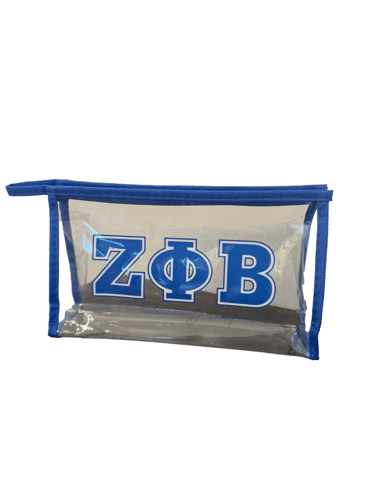 Zeta Phi Beta cosmetic bag in blue with sorority letters, perfect for organizing your Greek gear and essentials.