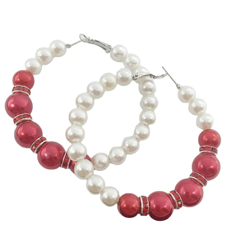 Red and White Pearl Hoop Earrings