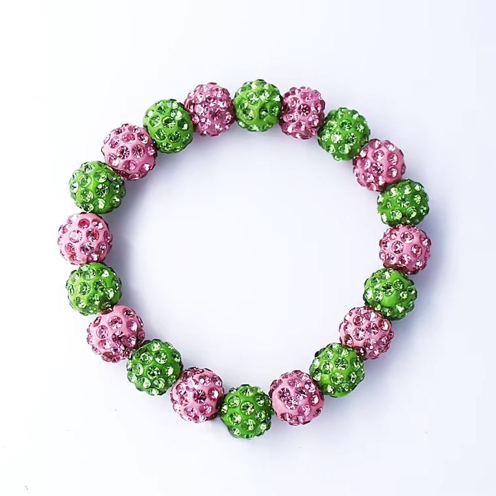 Sorority bracelet with pink and green beads for Alpha Kappa Alpha, AKA sorority paraphernalia, black sorority accessory.