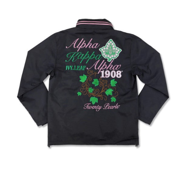 Black Alpha Kappa Alpha sorority jacket with pink and green embroidery, featuring ivy leaf design and the number 1908