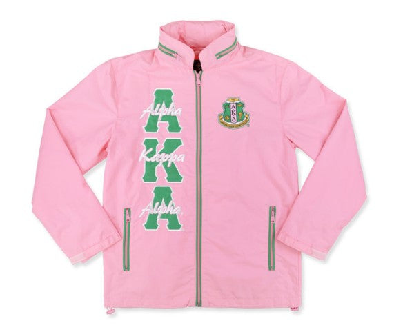 Alpha Kappa Alpha sorority jacket in pink with green letters, showcasing sorority paraphernalia for black Greek lettered organizations.