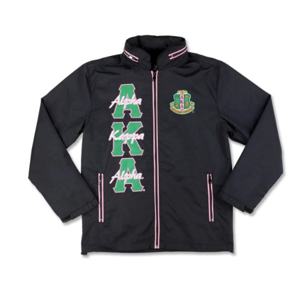 Alpha Kappa Alpha sorority jacket in black with pink and green accents, featuring AKA letters and crest.