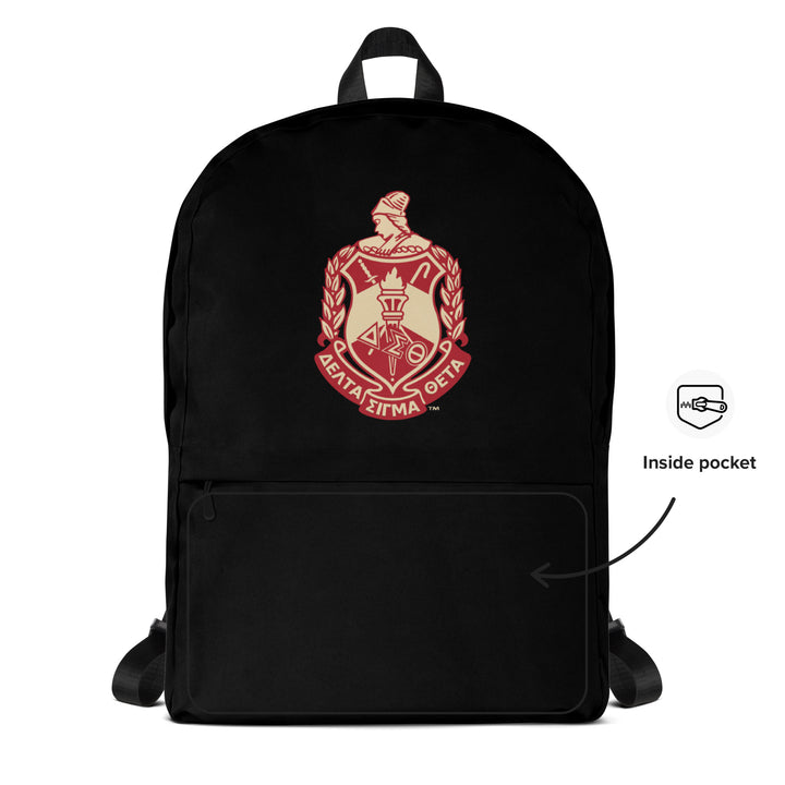 Delta Crest Backpack featuring sorority emblem and inside pocket for essentials, perfect for Greek gear and daily use.