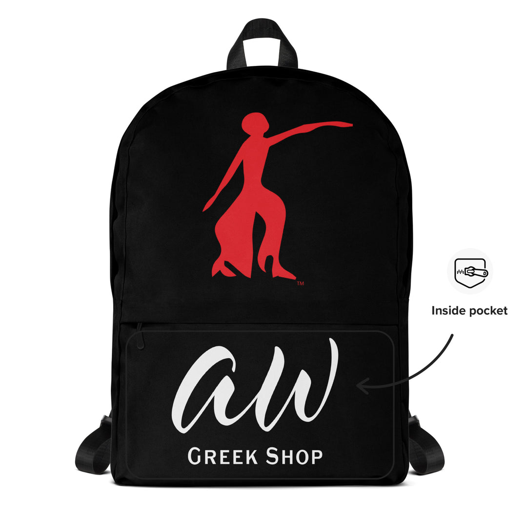 Delta Sigma Theta Fortitude Backpack with logo, featuring inside pocket, perfect for sorority and Greek gear enthusiasts.