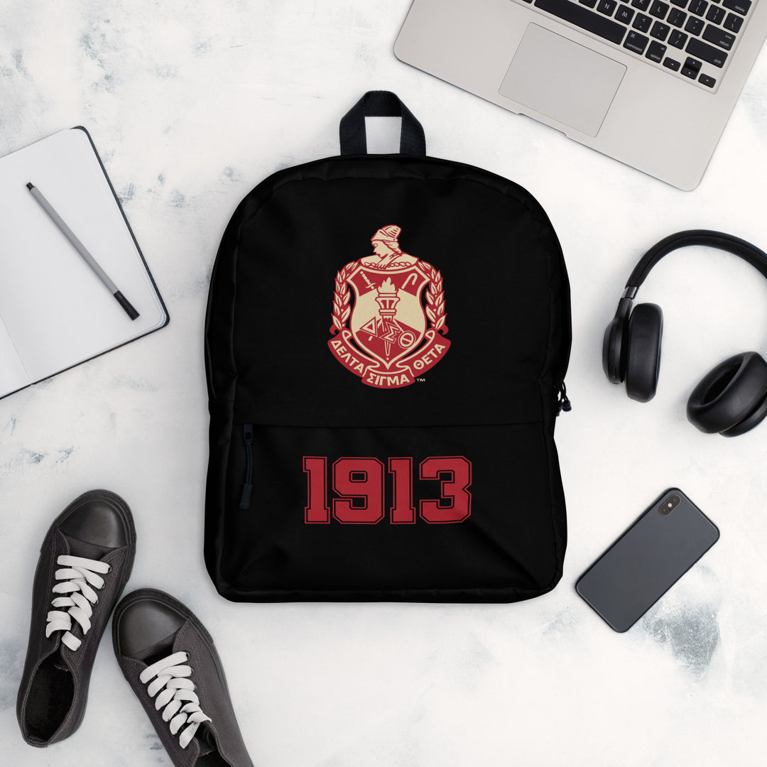 Delta Crest Backpack featuring Greek letters and emblem, perfect for sorority and fraternity gear, durable and stylish for daily use.