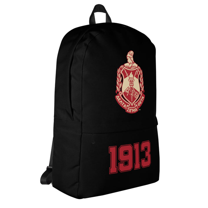 Delta Crest Backpack featuring Greek organization emblem and 1913, ideal for sorority and fraternity paraphernalia.