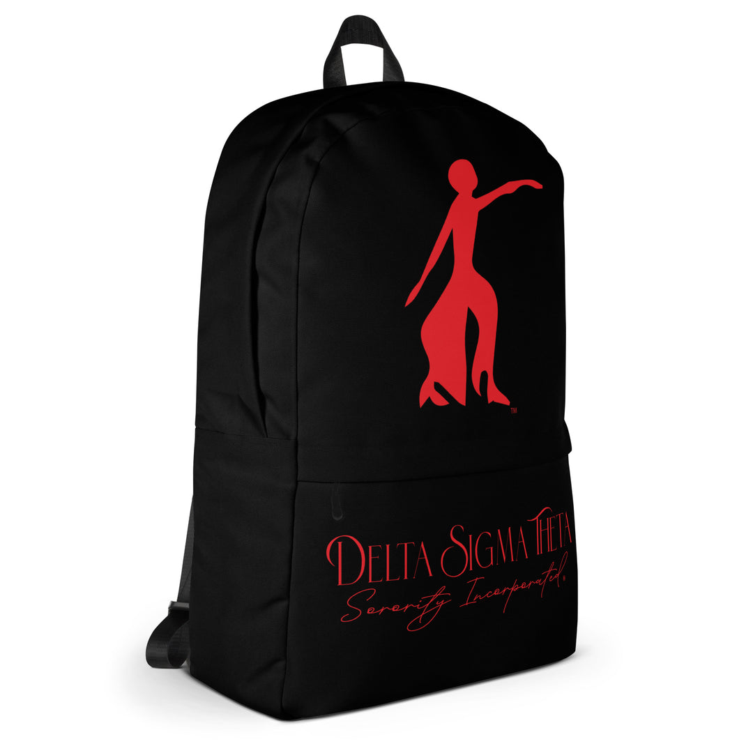 Delta Sigma Theta Fortitude Backpack in black with red logo, ideal for sorority paraphernalia and daily use.