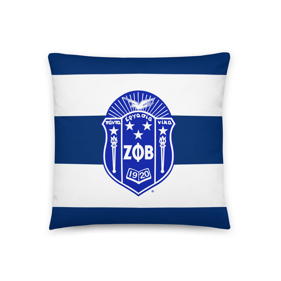 ZPHiB Finer Pillow featuring the sorority logo on blue and white stripes, perfect Greek gear for your home decor.