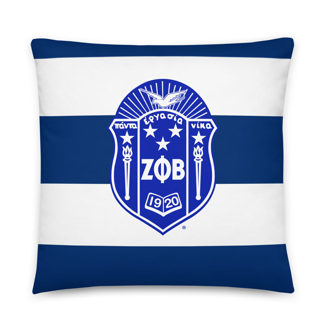 ZPHiB Finer Pillow featuring blue and white stripes with sorority logo and established date 1920, perfect Greek gear accessory.