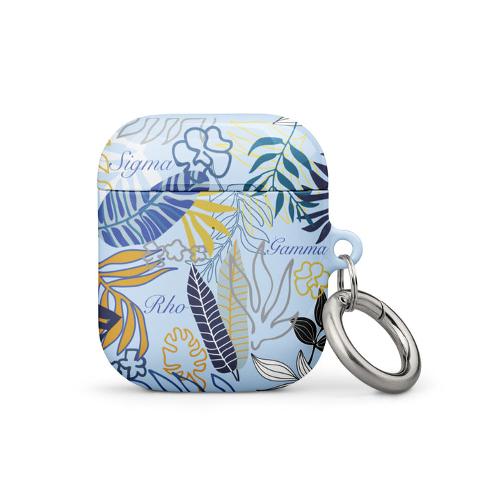 SGRho AirPods® case featuring vibrant floral design and metal carabiner, perfect sorority paraphernalia for Greek gear lovers.