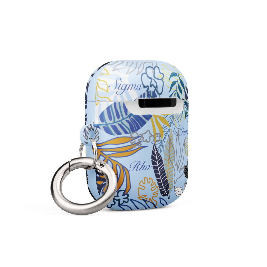 SGRho AirPods® case in blue floral design with metal carabiner, perfect for sorority and fraternity paraphernalia.