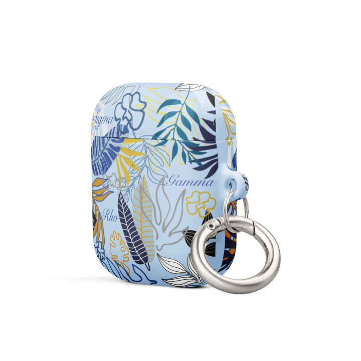 SGRho AirPods® case with floral design and metal carabiner, perfect Greek gear for sorority members.