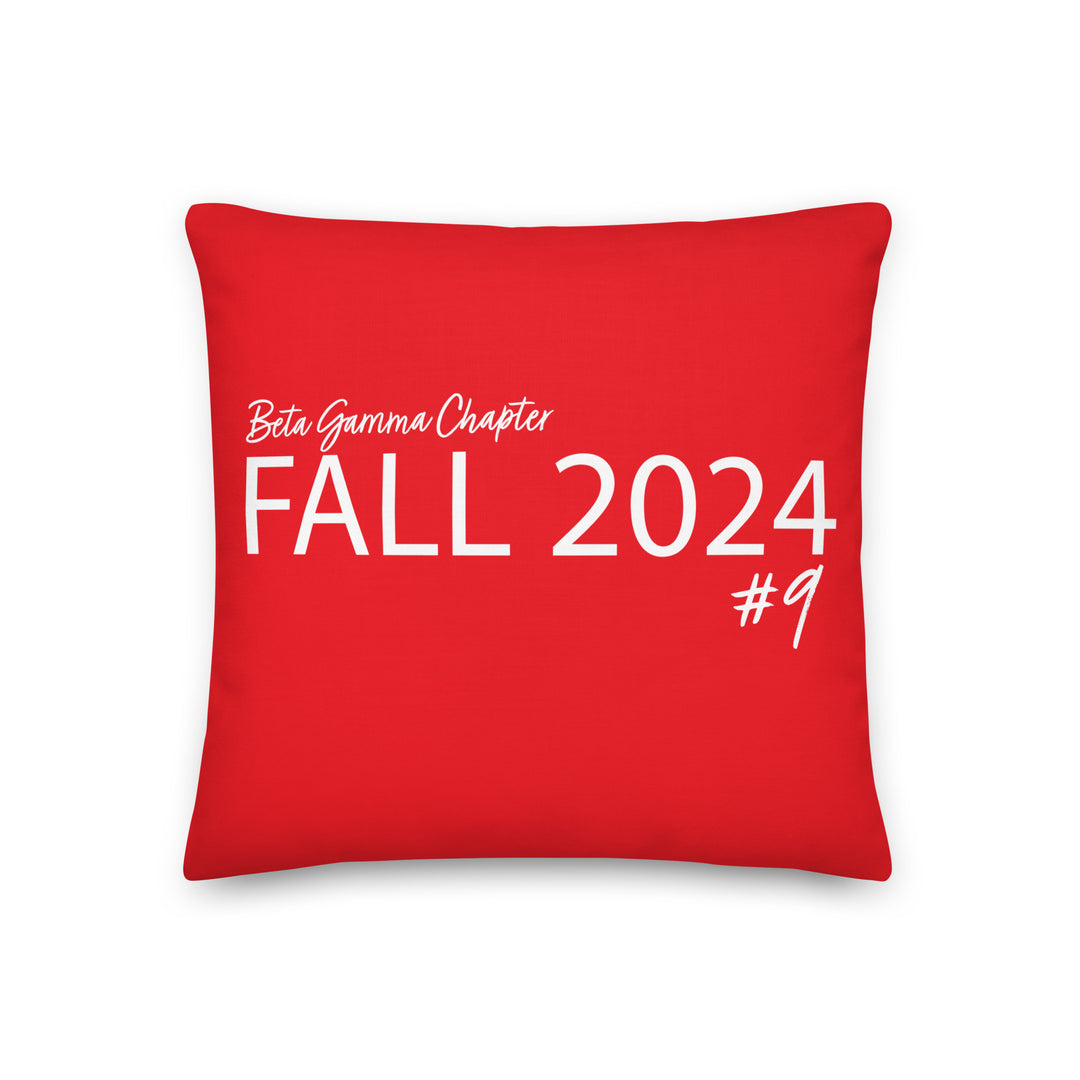 Red Delta Sigma Theta sorority pillow with "Beta Gamma Chapter Fall 2024 #9" design in white text.