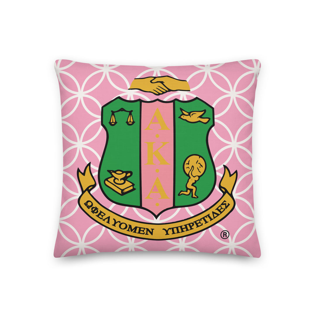 Pink Circles geometric pillow featuring AKA sorority emblem, perfect for Greek gear and fraternity paraphernalia.