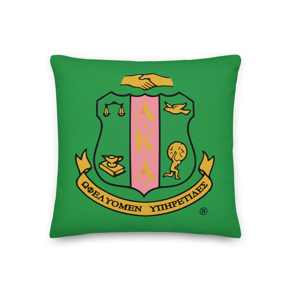 AKA Green Coat of Arms Pillow featuring Alpha Kappa Alpha Sorority design, perfect for sorority paraphernalia and Greek gear.